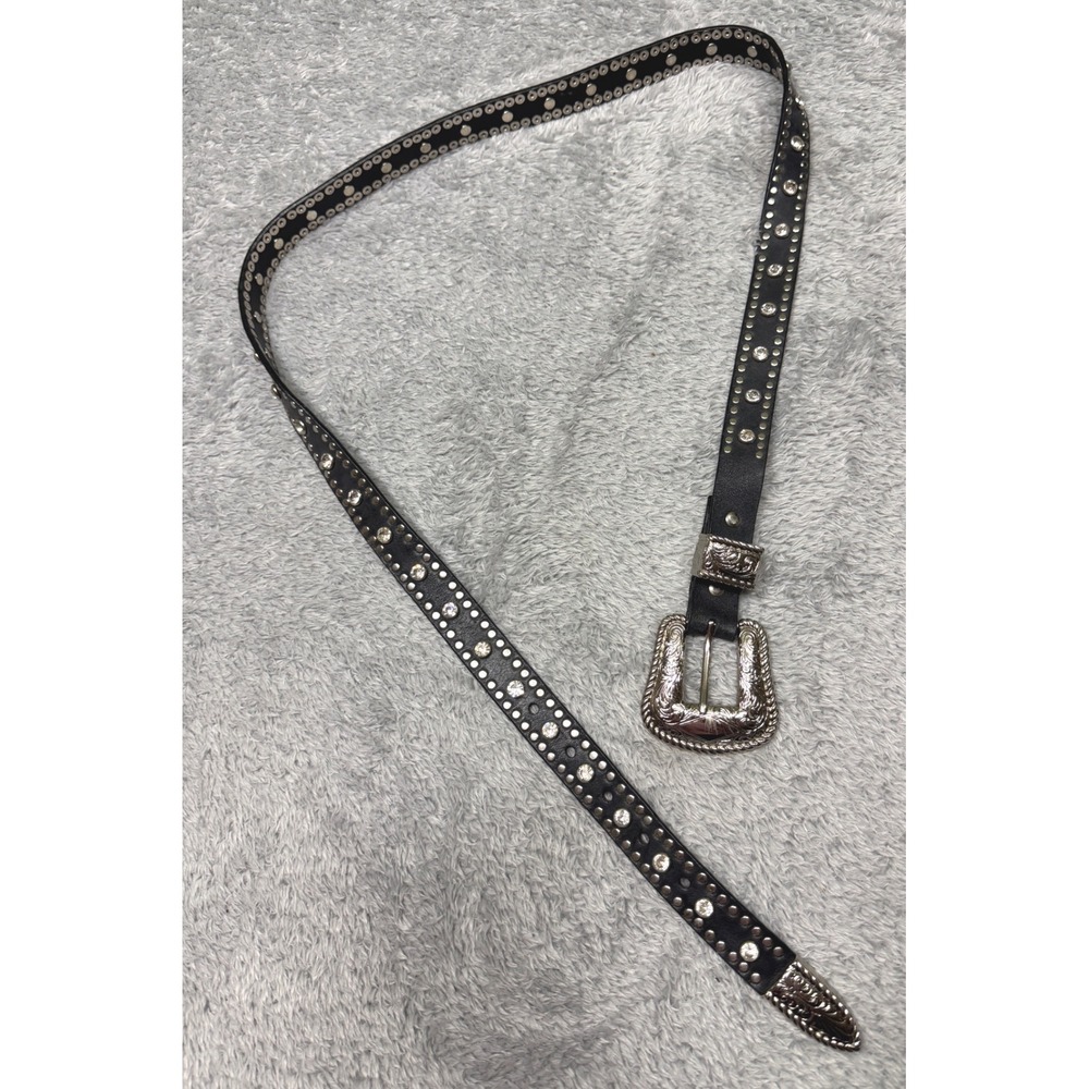 Nocona Belt Womens XXL Black Leather Western Rhinestone Studded Floral Buckle